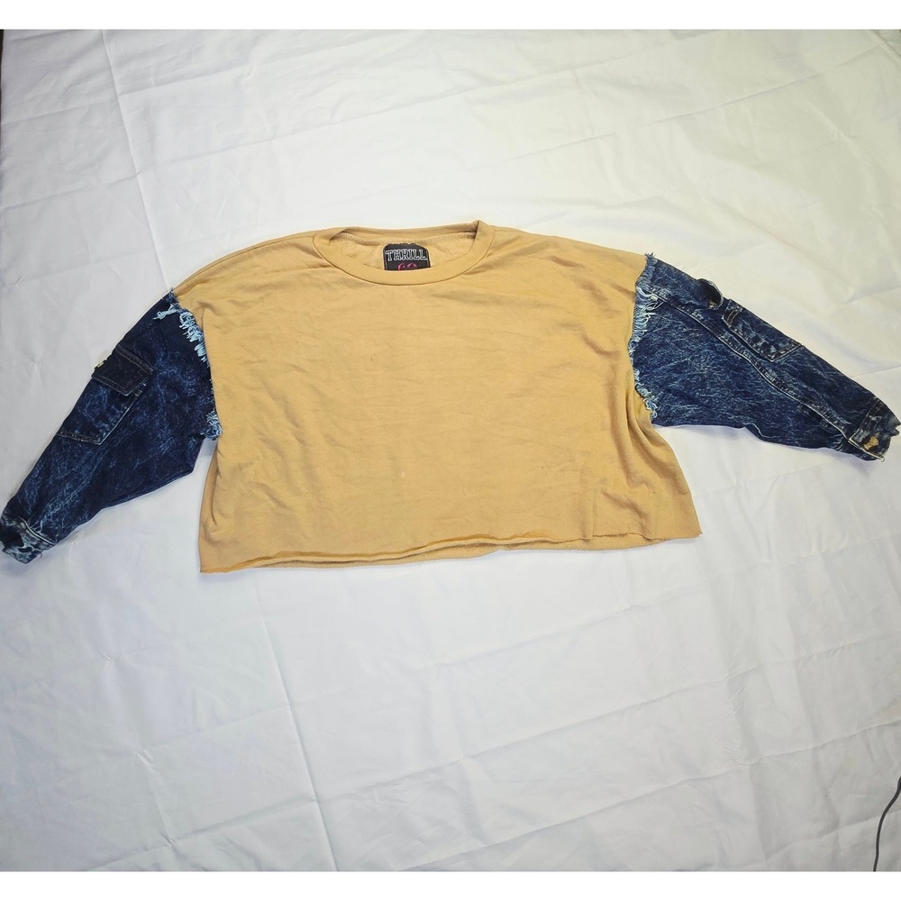 Thrill 94 Women's Sweatshirt Medium Tan Blue Denim Cargo Sleeve Cropped L14